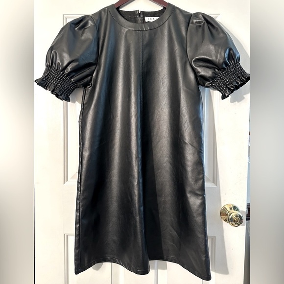 THML Anthropologie Lucille Short Puff Sleeve Faux Leather MEDIUM Babydoll A-Line - Picture 5 of 15